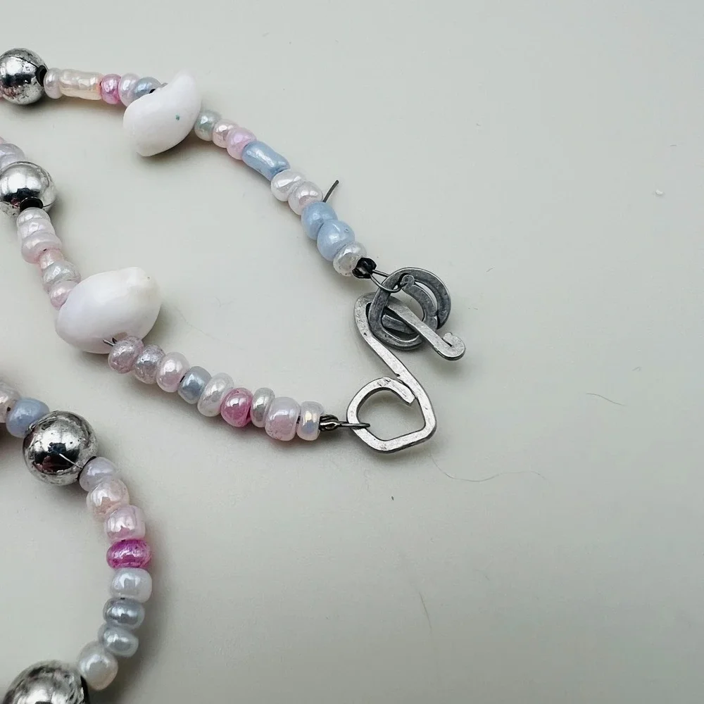 Beaded Necklace Pink White Shell Mixed Bead Silver Tone Pastel Coastal Style 20
